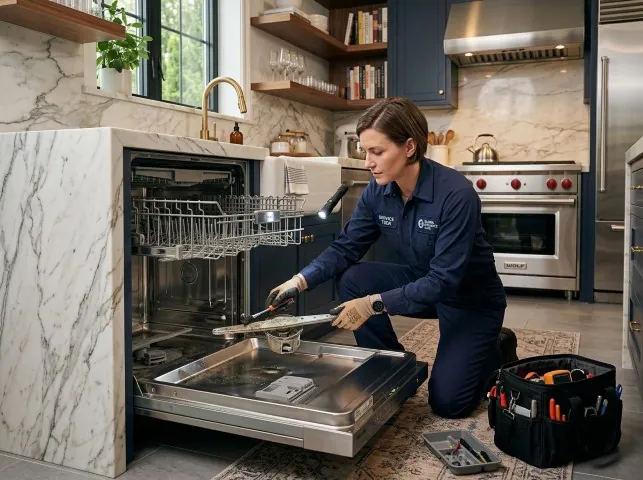 Appliance Repair Hero technician servicing a built-in dishwasher in a Big Island, VA kitchen