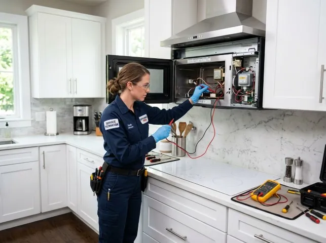 Appliance Repair Hero technician testing an over-the-range microwave in a Big Island, VA kitchen