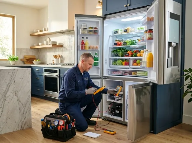 Appliance Repair Hero refrigerator technician testing a fridge on a Big Island, VA service call