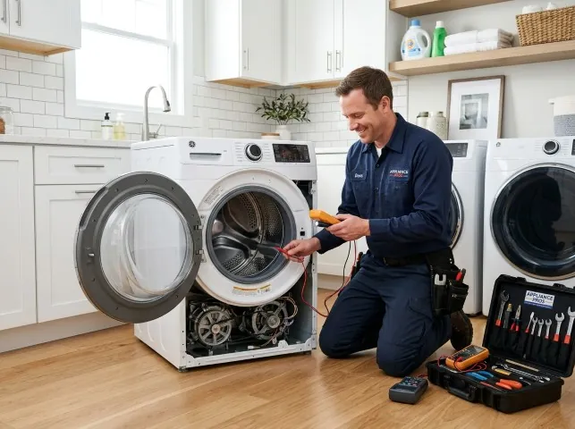 Appliance Repair Hero technician testing a front-load washer with a multimeter on a Big Island, VA service call